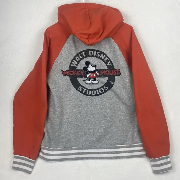 Disney Mickey Mouse Adult Zip Up Sweater Large Gray Orange Hooded Pockets - Picture 1 of 14